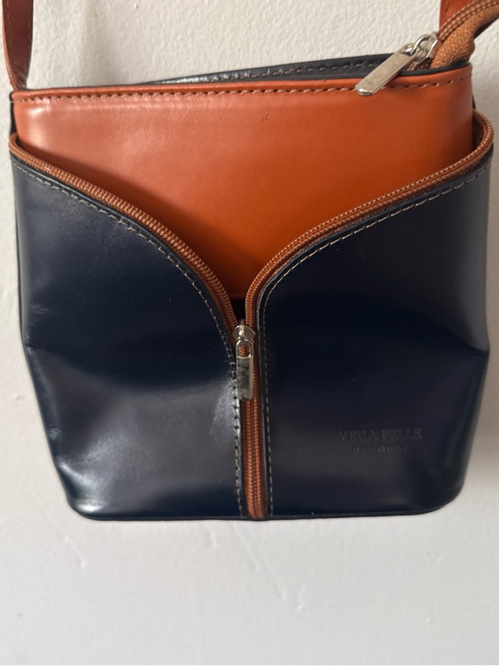 Vera Pelle Navy and Cognac Two-Tone Leather Crossbody